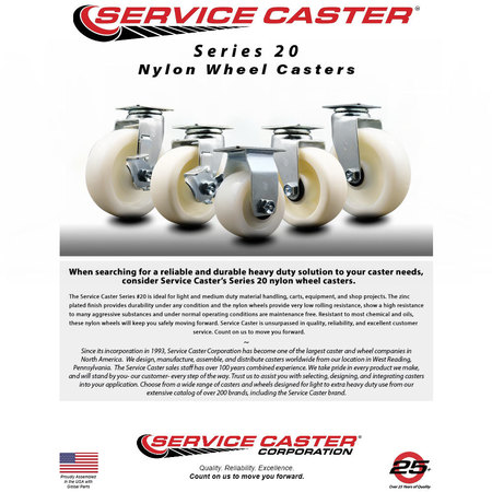 Service Caster 4 Inch Nylon Swivel Caster Set with Roller Bearings and Brakes SCC SCC-20S420-NYR-TLB-4